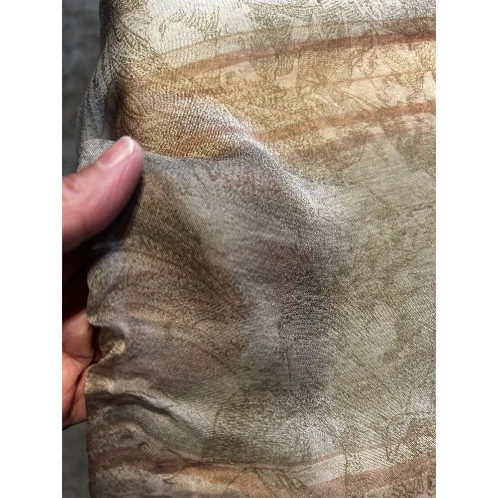 Romantic Floral Italian Silk Scarf Brown Beige Sheer 100% Silk 58x16